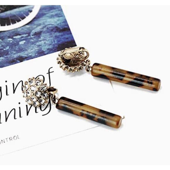 Tortoise Color Acetate Cylinder Earring, Crystal Round Modern Clip On Jewelry - Picture 2 of 13